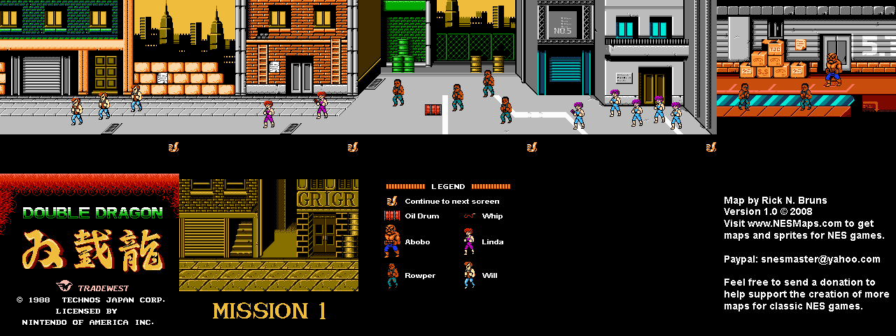 Double Dragon - Mission 1 Nintendo NES Map