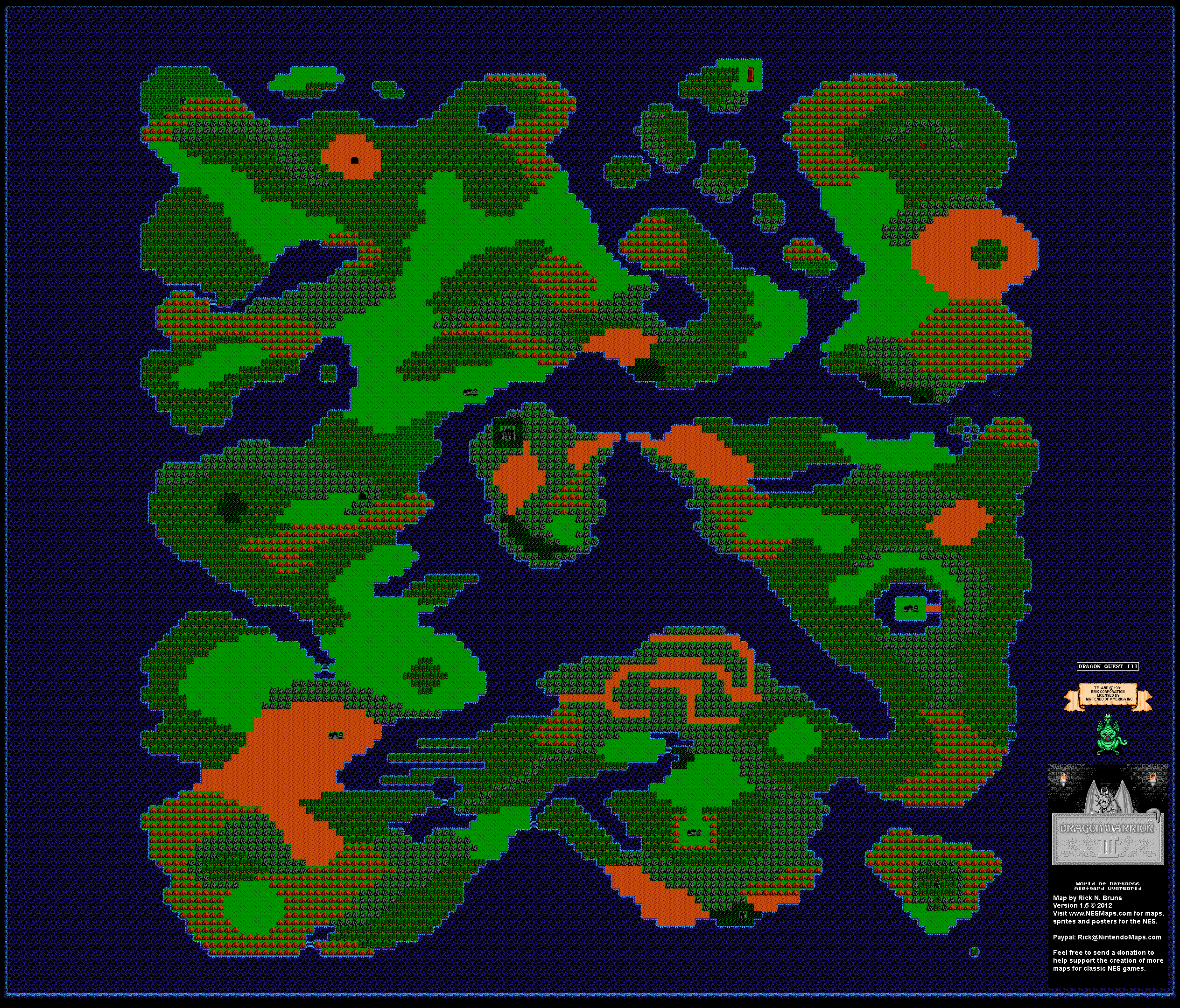 Dragon Warrior III - World of Darkness Alefgard Overworld Nintendo NES Map BG